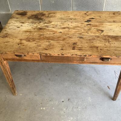 Vintage wooden table, 2 drawers, metal pulls, dowel joints, sturdy