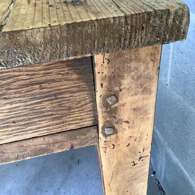 Vintage wooden table, 2 drawers, metal pulls, dowel joints, sturdy