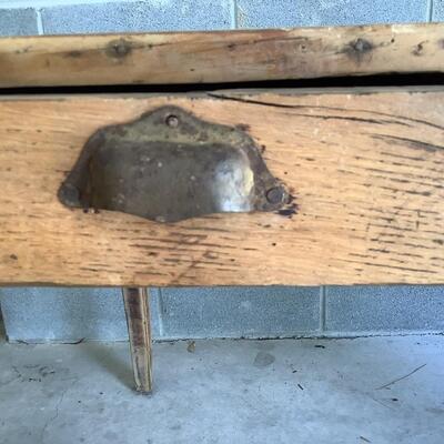 Vintage wooden table, 2 drawers, metal pulls, dowel joints, sturdy