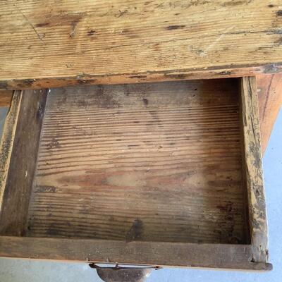 Vintage wooden table, 2 drawers, metal pulls, dowel joints, sturdy