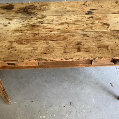 Vintage wooden table, 2 drawers, metal pulls, dowel joints, sturdy