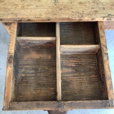 Vintage wooden table, 2 drawers, metal pulls, dowel joints, sturdy