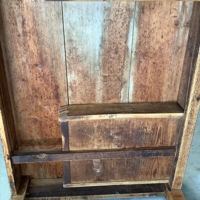 Vintage wooden table, 2 drawers, metal pulls, dowel joints, sturdy