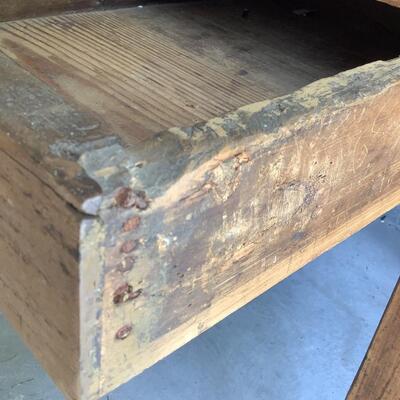Vintage wooden table, 2 drawers, metal pulls, dowel joints, sturdy