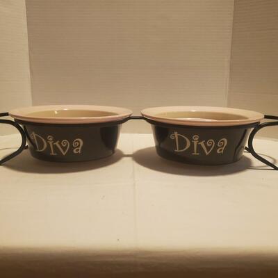 Diva Pet Food Bowls with Stand in Pink & Black + Small Bowl