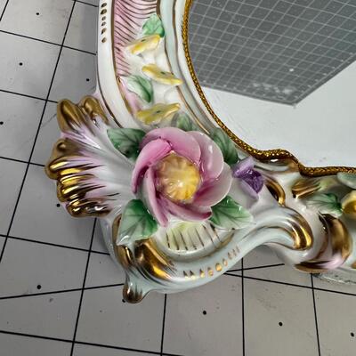Limoges Porcelain White and Pink Floral Mirror