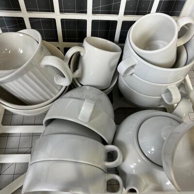 White Ceramic Kitchen: Teapot, Cups, Soup Bowls 