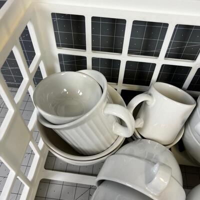 White Ceramic Kitchen: Teapot, Cups, Soup Bowls 