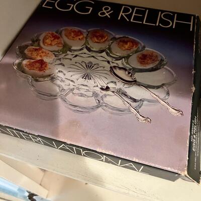 8!! Eight different egg trays for deviled egg service. 2 Glass Pizza dishes