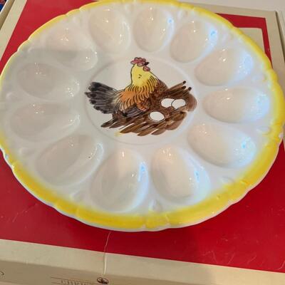 8!! Eight different egg trays for deviled egg service. 2 Glass Pizza dishes
