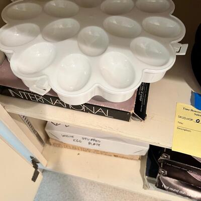 8!! Eight different egg trays for deviled egg service. 2 Glass Pizza dishes