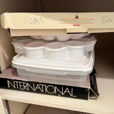 8!! Eight different egg trays for deviled egg service. 2 Glass Pizza dishes
