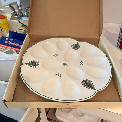 8!! Eight different egg trays for deviled egg service. 2 Glass Pizza dishes
