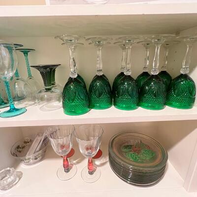 Green cut crystal goblets green stem glasses christmas dessert plates Mugs