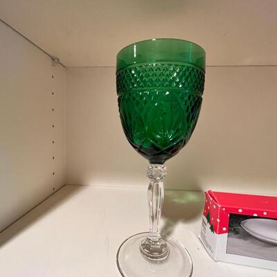 Green cut crystal goblets green stem glasses christmas dessert plates Mugs