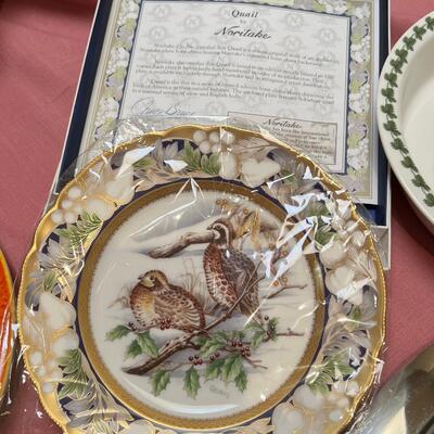 Table full of collectible glass and ceramics,  Noritake Quail plate with COA