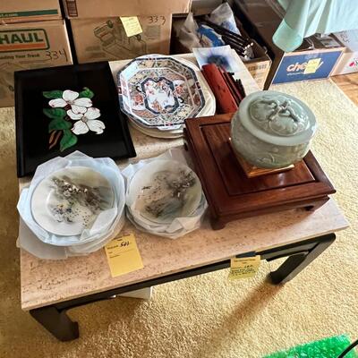 Asain theme, vintage plates, geen lidded, Floral laquier , chop sticks in holder
