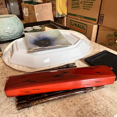 Asain theme, vintage plates, geen lidded, Floral laquier , chop sticks in holder