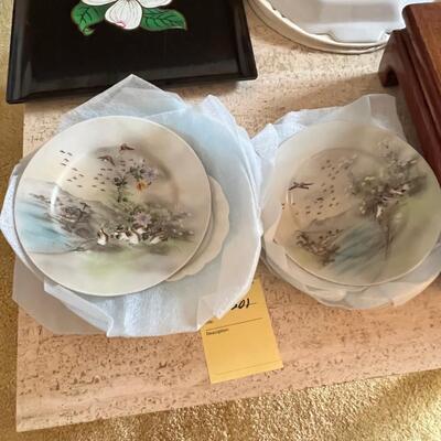 Asain theme, vintage plates, geen lidded, Floral laquier , chop sticks in holder