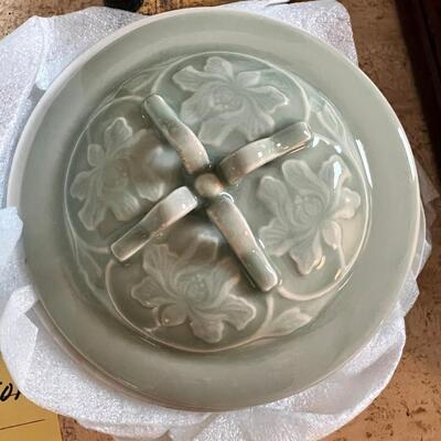 Asain theme, vintage plates, geen lidded, Floral laquier , chop sticks in holder