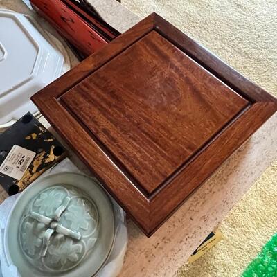 Asain theme, vintage plates, geen lidded, Floral laquier , chop sticks in holder