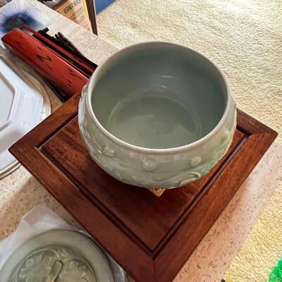 Asain theme, vintage plates, geen lidded, Floral laquier , chop sticks in holder