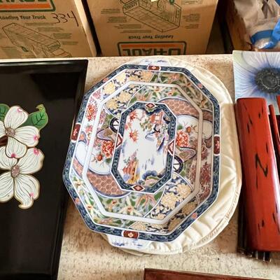 Asain theme, vintage plates, geen lidded, Floral laquier , chop sticks in holder