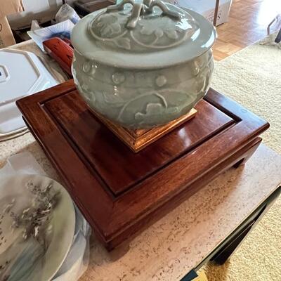 Asain theme, vintage plates, geen lidded, Floral laquier , chop sticks in holder