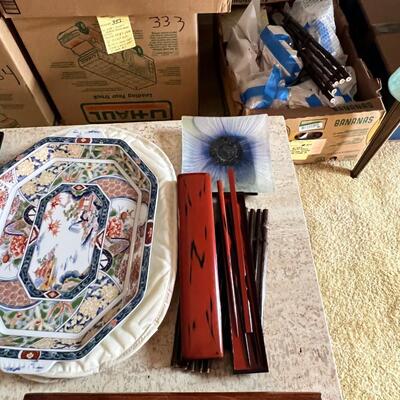 Asain theme, vintage plates, geen lidded, Floral laquier , chop sticks in holder