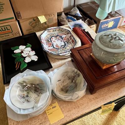Asain theme, vintage plates, geen lidded, Floral laquier , chop sticks in holder