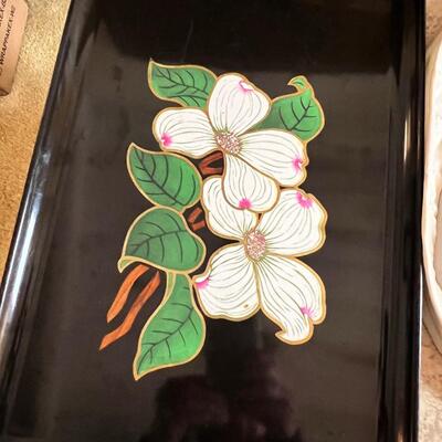 Asain theme, vintage plates, geen lidded, Floral laquier , chop sticks in holder