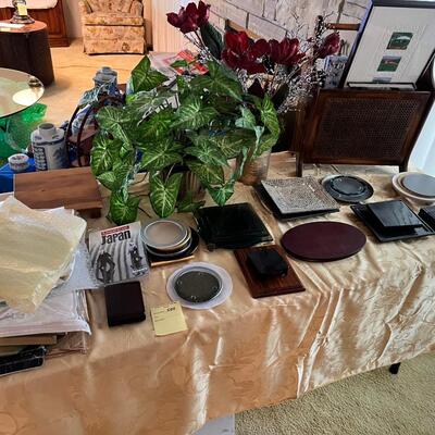 magazine holder with Art books, artificial plants, displays,  and stands