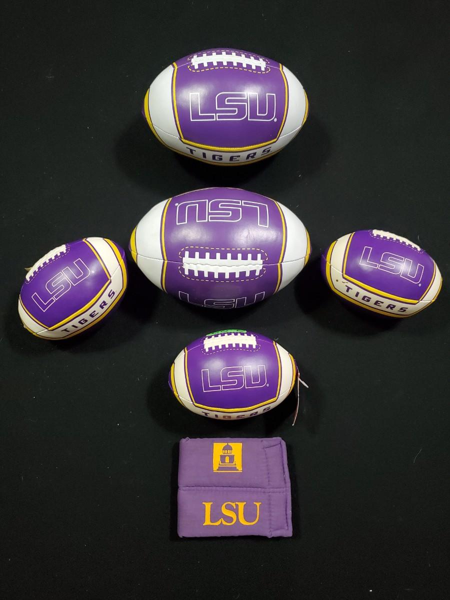 LSU Lot 6 Piece Plush Footballs and Koozie