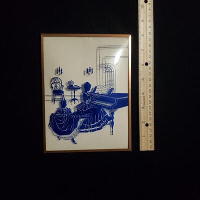 Vintage Convex Bubble Glass Copper Frame Reverse Blue Painting