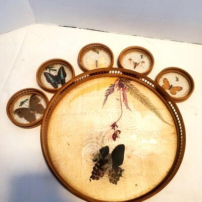 Vintage Bamboo And Butterflies Coasters And Tray Set - See Details