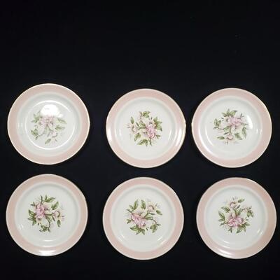 6 Homer Laughlin Eggshell Nautilus Pink Band 6'' Bread & Butter Plates - Pattern 1951
