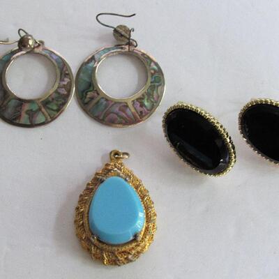 Vintage Mexico Abalone and Silver Earrings and Glass Earrings and Pendent