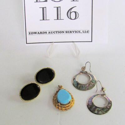 Vintage Mexico Abalone and Silver Earrings and Glass Earrings and Pendent