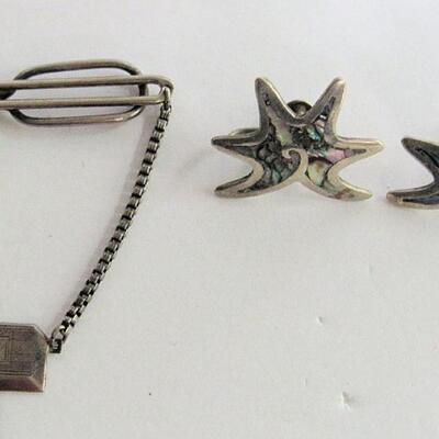 Vintage Sterling Silver Swank Tie Pin and Sterling and Abalone Earrings, Mexico