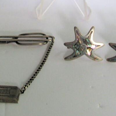 Vintage Sterling Silver Swank Tie Pin and Sterling and Abalone Earrings, Mexico