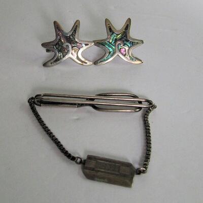 Vintage Sterling Silver Swank Tie Pin and Sterling and Abalone Earrings, Mexico