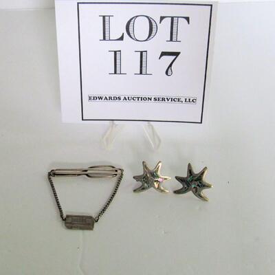 Vintage Sterling Silver Swank Tie Pin and Sterling and Abalone Earrings, Mexico