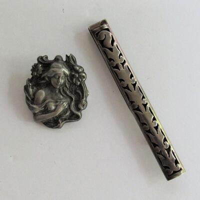 Vintage Mexico Sterling Tie Bar and Contemporary Art Nouveau Broach