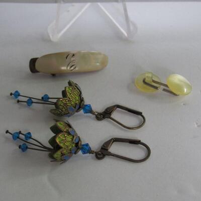 Vintage MOP Clip, Tiny Faux MOP Buttons and Newer Metal Earrings