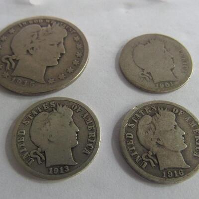1915 D Barber Quarter and 3 Barber Dimes