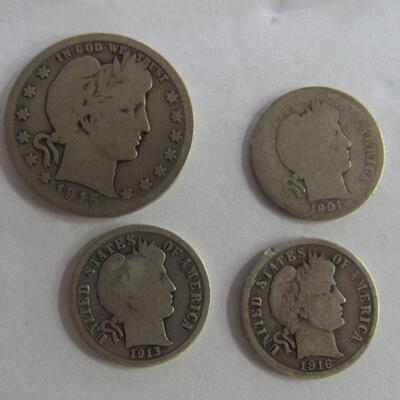 1915 D Barber Quarter and 3 Barber Dimes