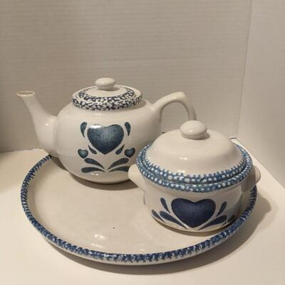 Blue Heart Tea Set - Pot, Sugar Bowl, Serving Plate