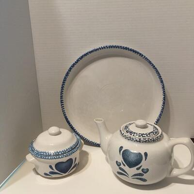 Blue Heart Tea Set - Pot, Sugar Bowl, Serving Plate