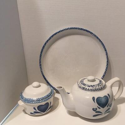 Blue Heart Tea Set - Pot, Sugar Bowl, Serving Plate