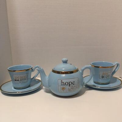 DaySpring Tea Pot, Saucers, Cups - Dragonfly, Hope, Joy, Peace (Bible Verse On It)